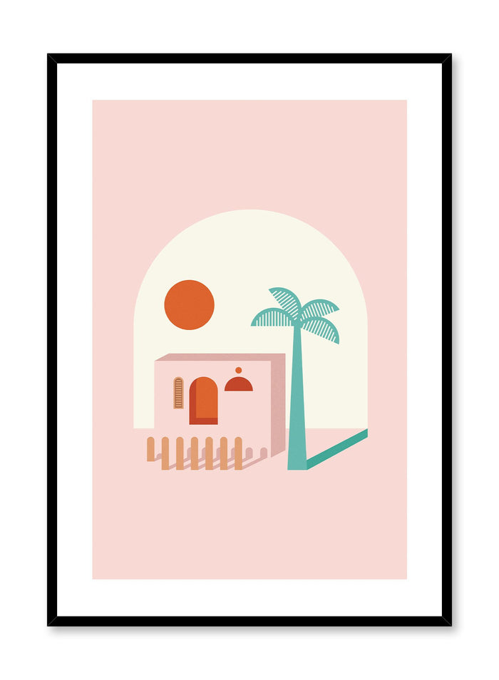 A Place in the Sun is a minimalist illustration poster of a pink beach house by Opposite Wall.