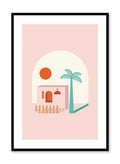 A Place in the Sun is a minimalist illustration poster of a pink beach house by Opposite Wall.