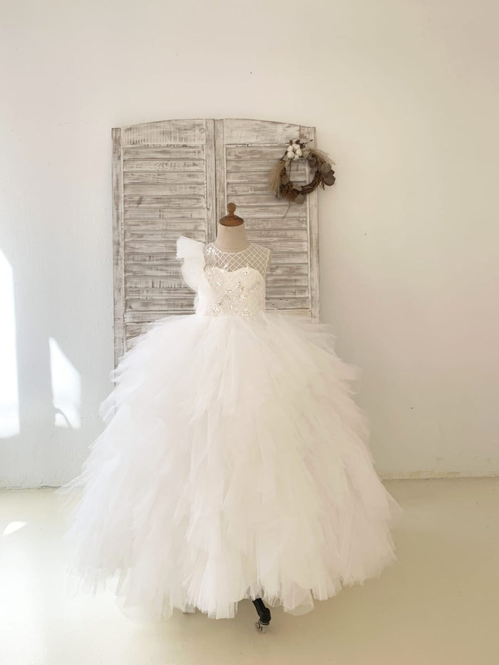 Ivory Check Tulle Ruffle Sleeves Wedding Party Flower Girl