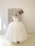 Ivory Check Tulle Ruffle Sleeves Wedding Party Flower Girl