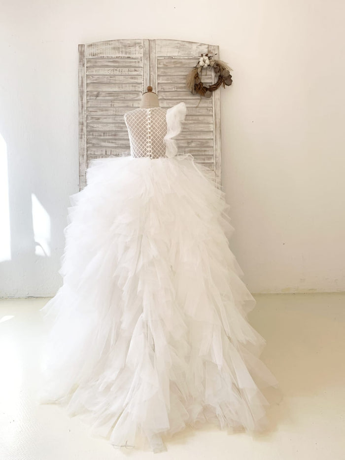 Ivory Check Tulle Ruffle Sleeves Wedding Party Flower Girl
