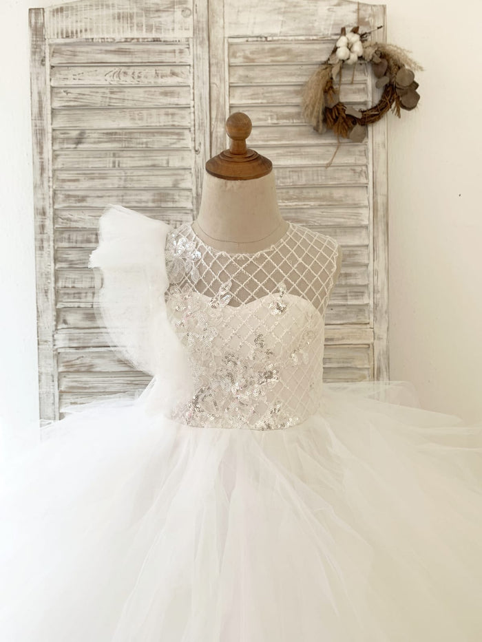 Ivory Check Tulle Ruffle Sleeves Wedding Party Flower Girl