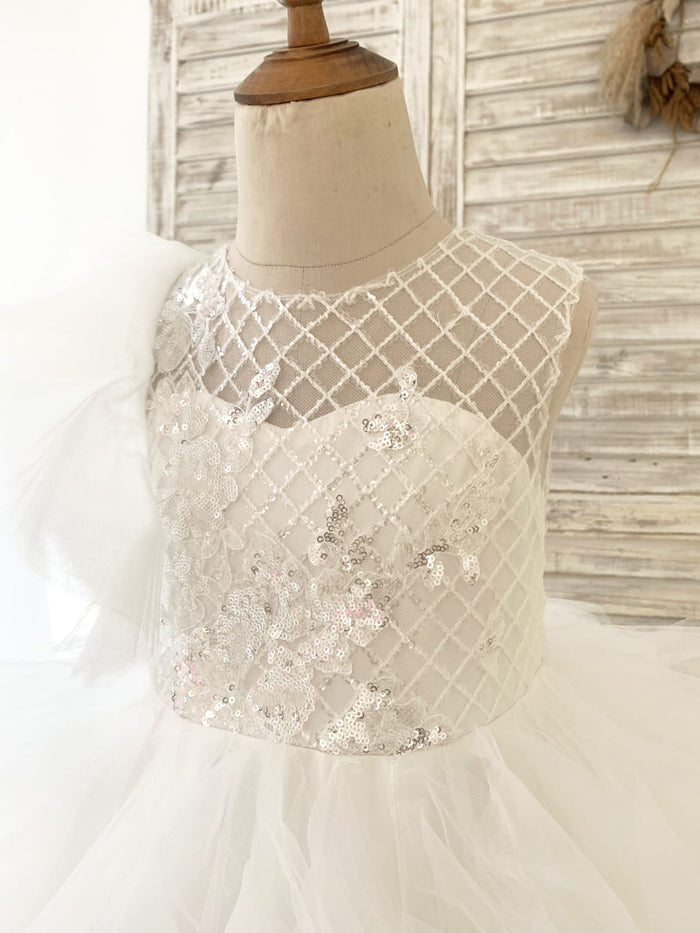 Ivory Check Tulle Ruffle Sleeves Wedding Party Flower Girl