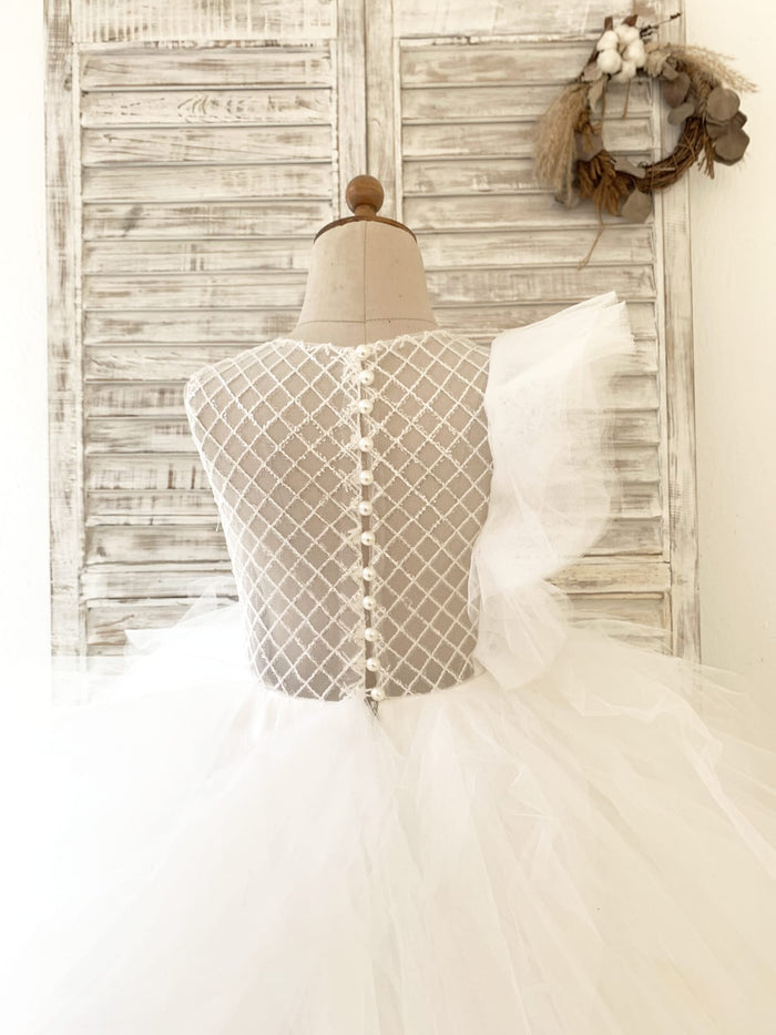 Ivory Check Tulle Ruffle Sleeves Wedding Party Flower Girl