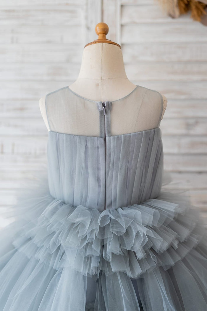 Silver Gray Tulle Cupcake Tea Length Wedding Flower Girl