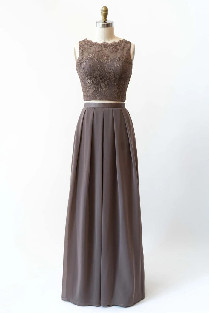 Bateau Lace Tank Chiffon Two-Piece Bridesmaid Dress Buttons