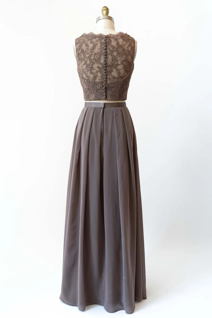 Bateau Lace Tank Chiffon Two-Piece Bridesmaid Dress Buttons