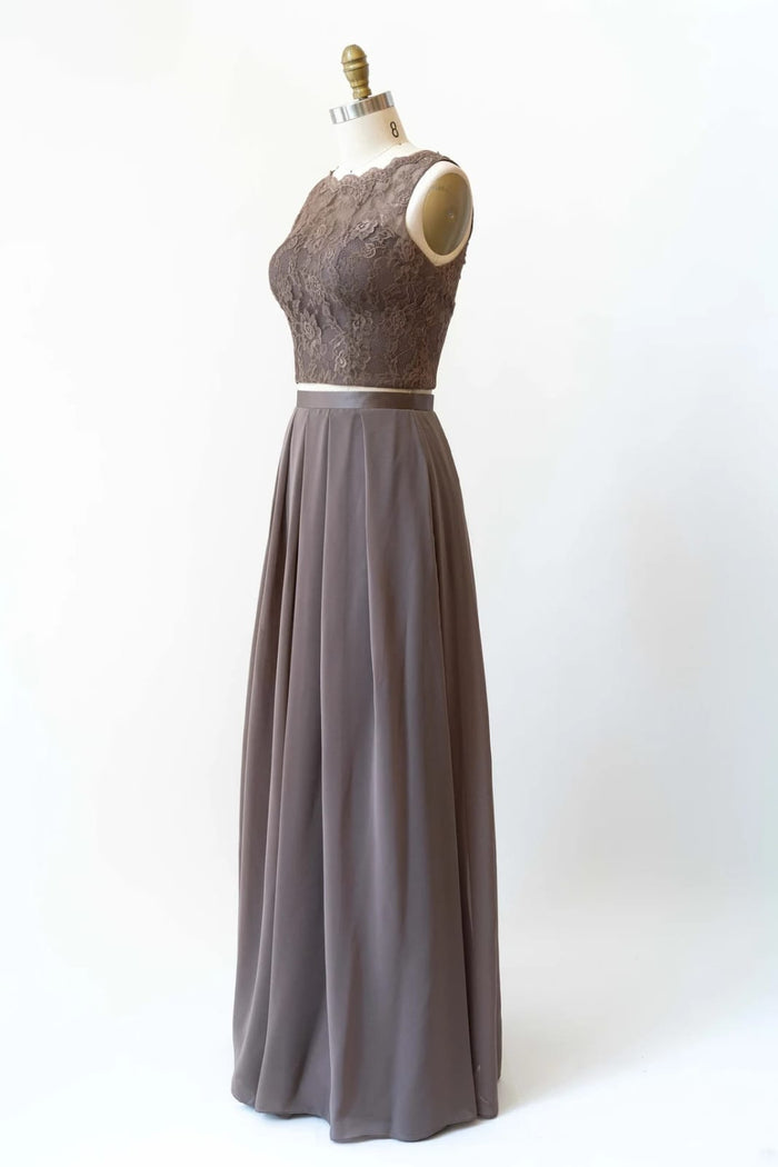 Bateau Lace Tank Chiffon Two-Piece Bridesmaid Dress Buttons