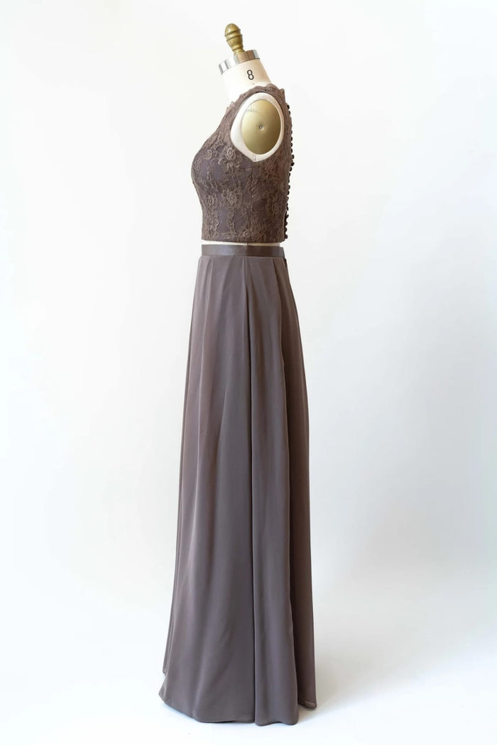 Bateau Lace Tank Chiffon Two-Piece Bridesmaid Dress Buttons