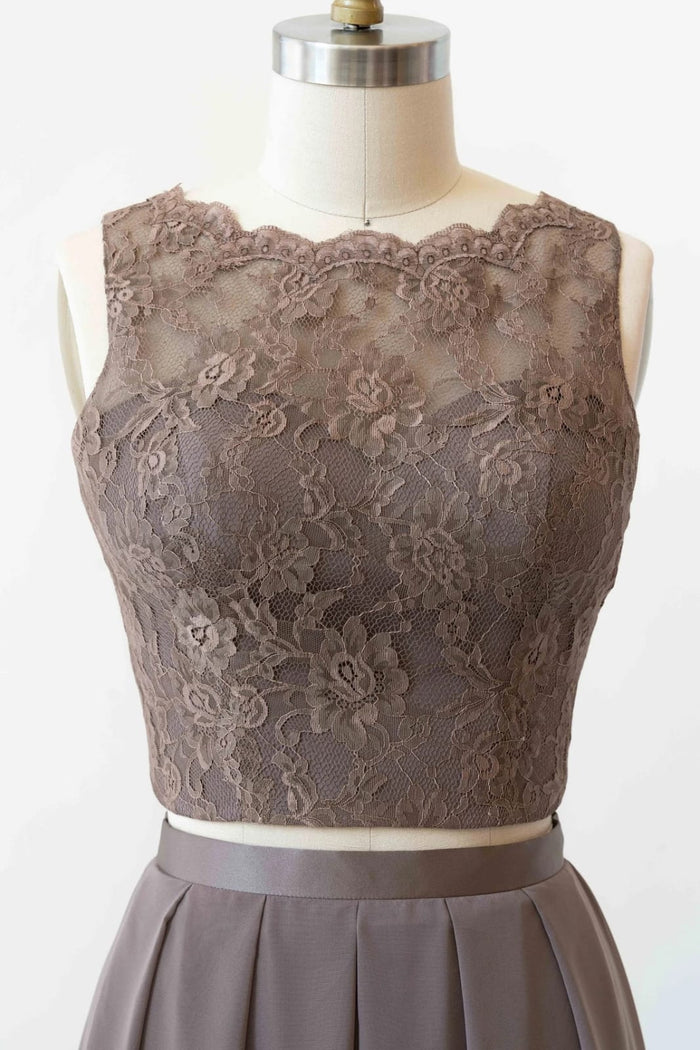 Bateau Lace Tank Chiffon Two-Piece Bridesmaid Dress Buttons
