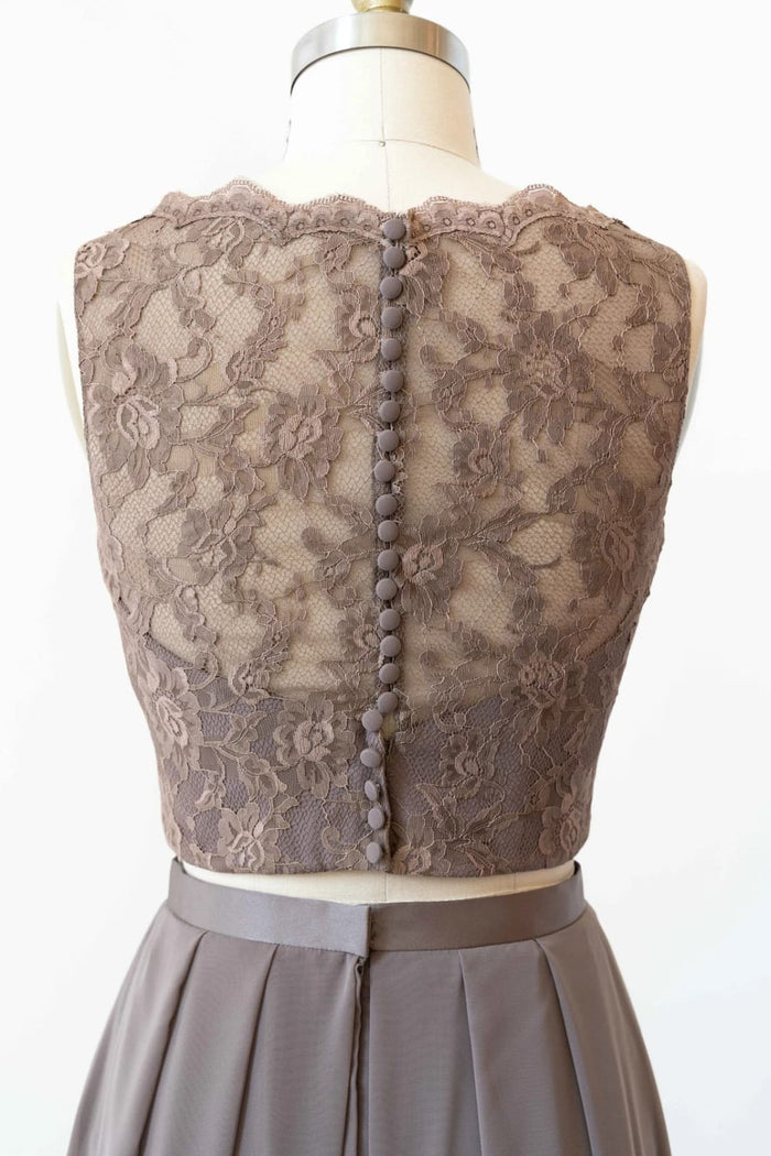 Bateau Lace Tank Chiffon Two-Piece Bridesmaid Dress Buttons