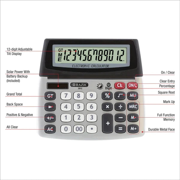 BAZIC 12-Digit Dual Power Desktop Calculator w/ Adjustable Display Sold in 12 Units