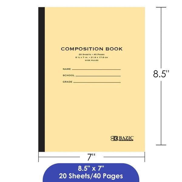 BAZIC 20 ct. 8.5" x 7" Manila Cover Composition Book Sold in 24 Units