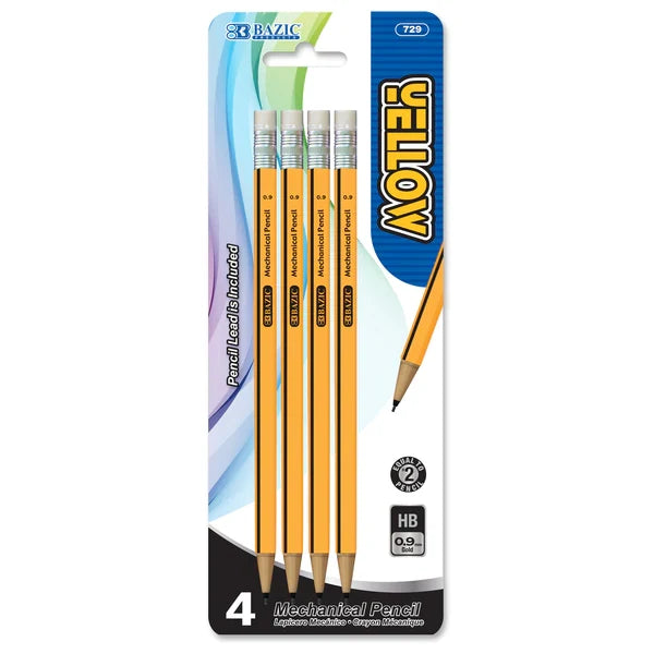 BAZIC Yellow 0.9mm Mechanical Pencil (4/Pack) Sold in 24 Units