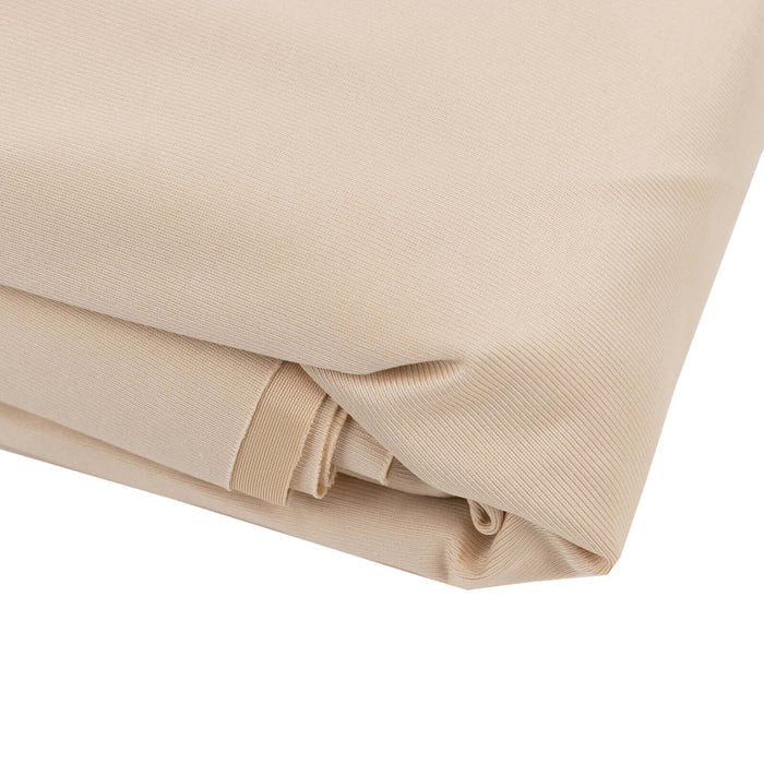 Beige textured fabric folded neatly on a white background.