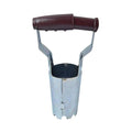 The Bulb Planter - Adjustable by Available for Pickup & Delivery features an ergonomic design, a brown plastic handle, and serrated edges, ideal for easily creating holes in the soil for bulb planting.