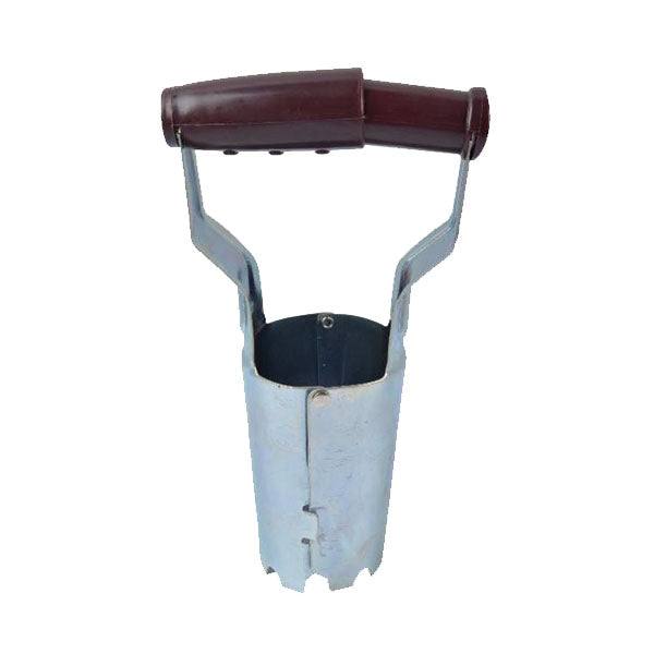 The Bulb Planter - Adjustable by Available for Pickup & Delivery features an ergonomic design, a brown plastic handle, and serrated edges, ideal for easily creating holes in the soil for bulb planting.