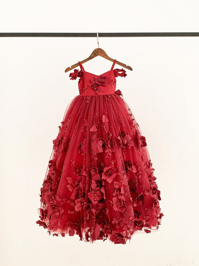 Burgundy 3D Beaded Lace Flower Tulle Off Shoulder Wedding