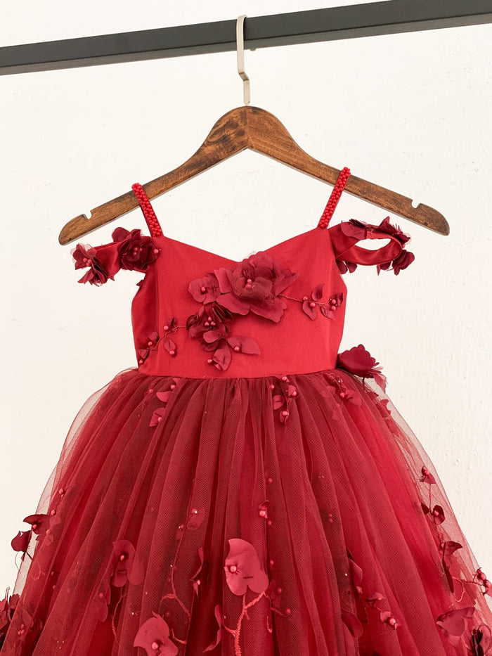 Burgundy 3D Beaded Lace Flower Tulle Off Shoulder Wedding