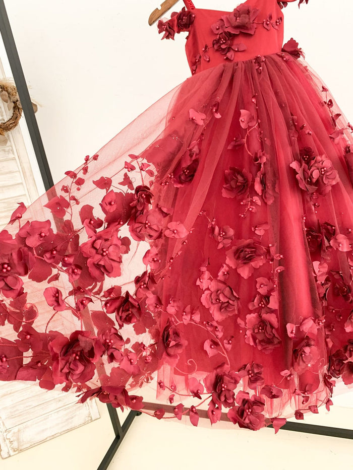 Burgundy 3D Beaded Lace Flower Tulle Off Shoulder Wedding