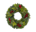 The Candle Ring - Canella from Available for Pick-up & Delivery is a festive holiday wreath of pine and fir branches with bright red berries, arranged in a circular shape to bring seasonal magic against a white background.