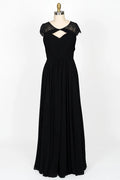 Cap Sleeve Keyhole Gathered Black Chiffon Lace Bridesmaid