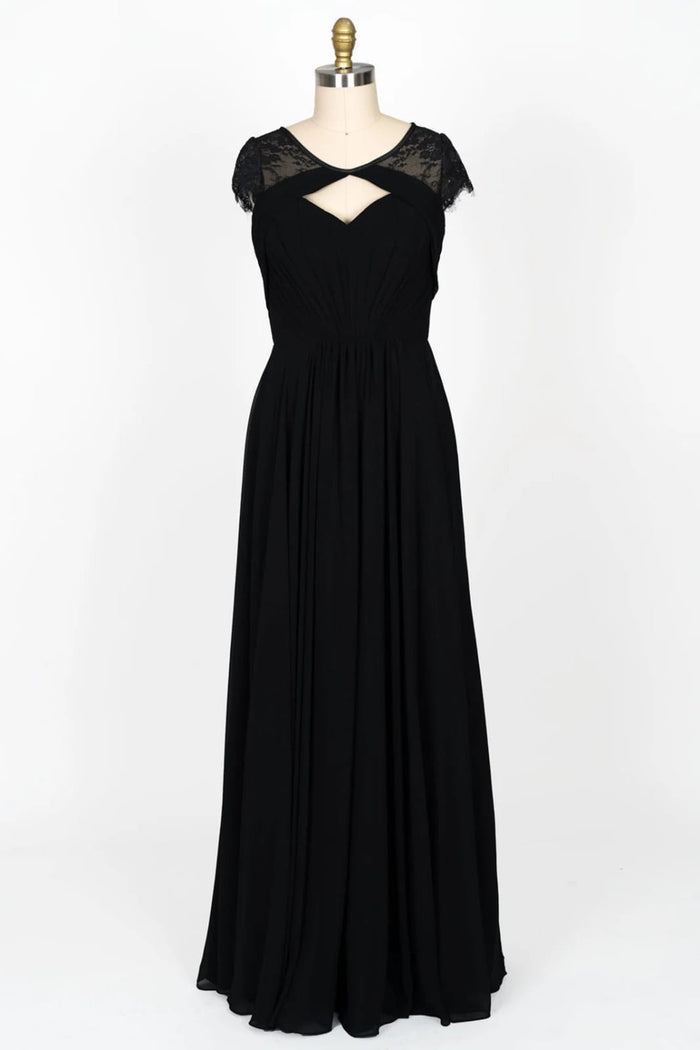 Cap Sleeve Keyhole Gathered Black Chiffon Lace Bridesmaid
