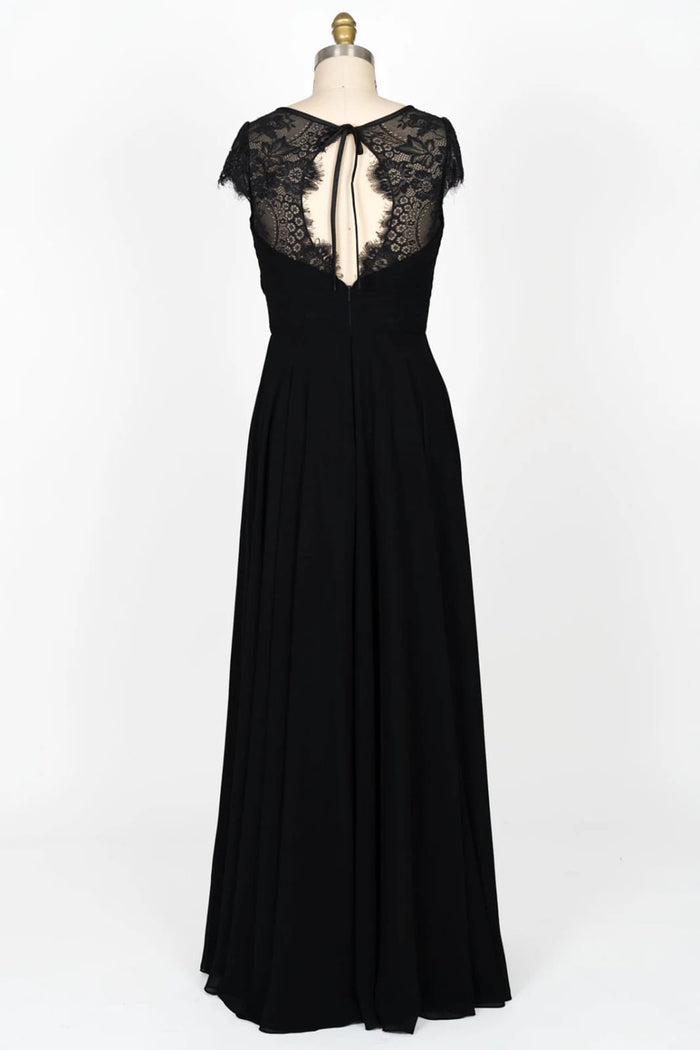 Cap Sleeve Keyhole Gathered Black Chiffon Lace Bridesmaid