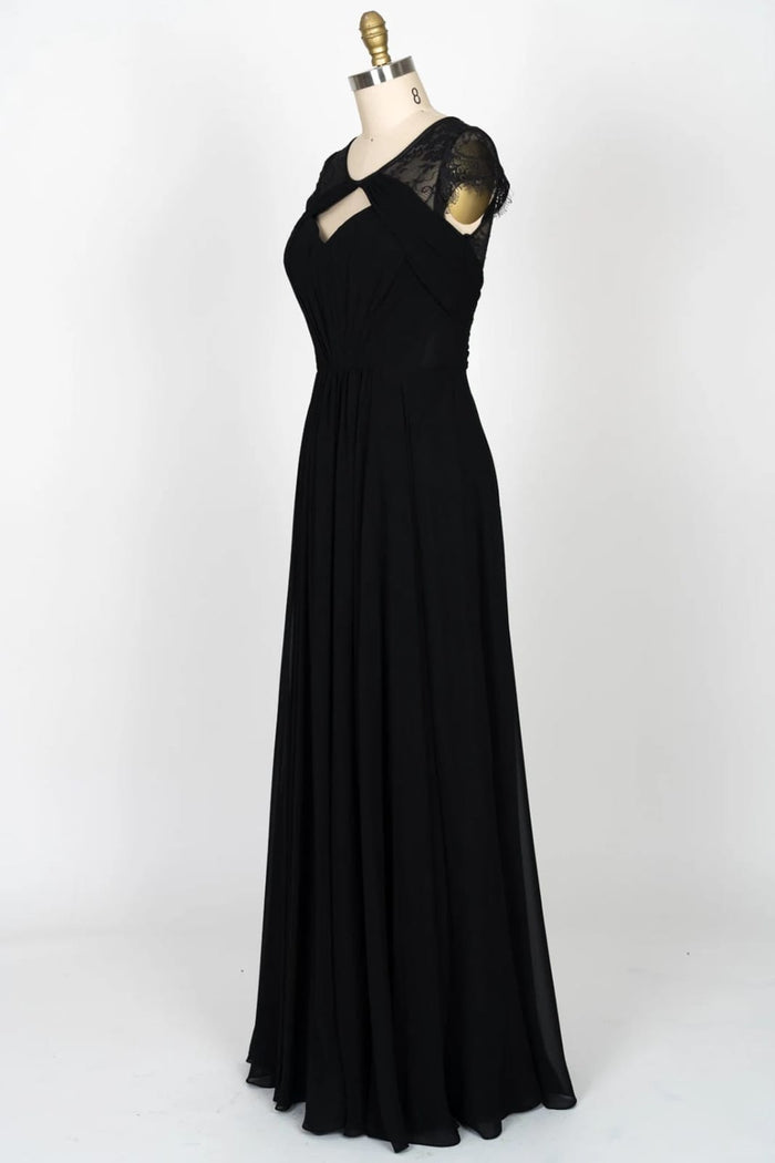 Cap Sleeve Keyhole Gathered Black Chiffon Lace Bridesmaid