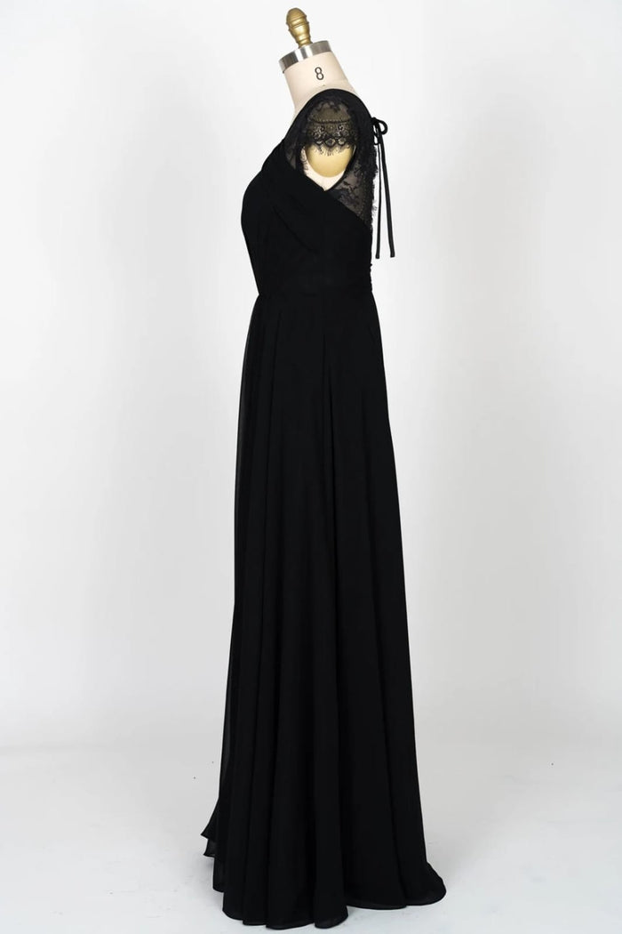 Cap Sleeve Keyhole Gathered Black Chiffon Lace Bridesmaid