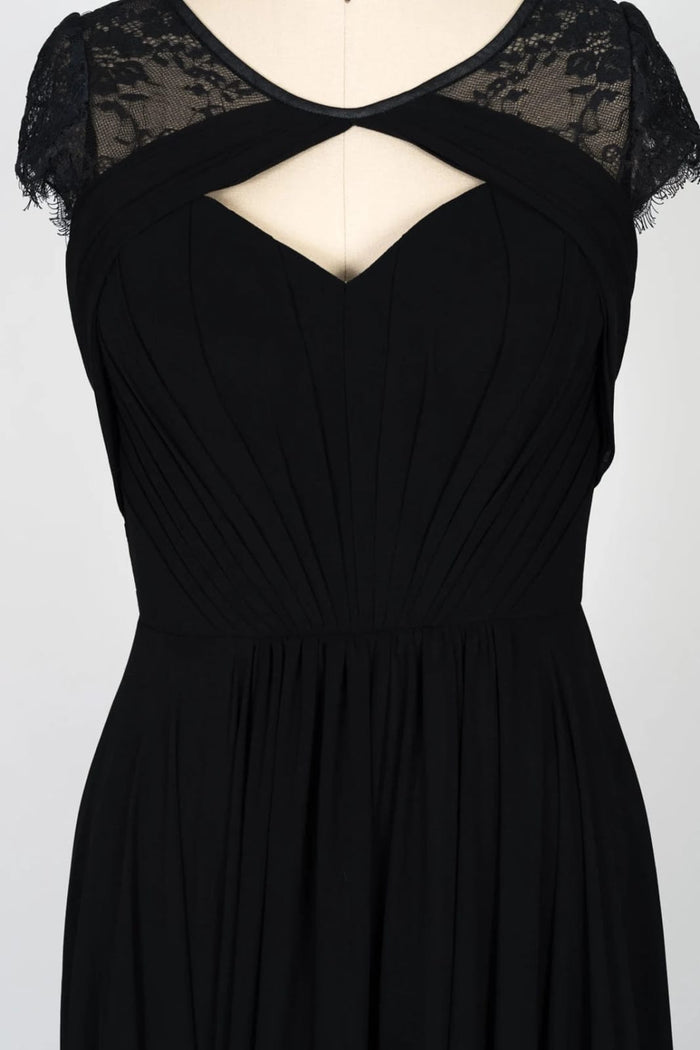 Cap Sleeve Keyhole Gathered Black Chiffon Lace Bridesmaid