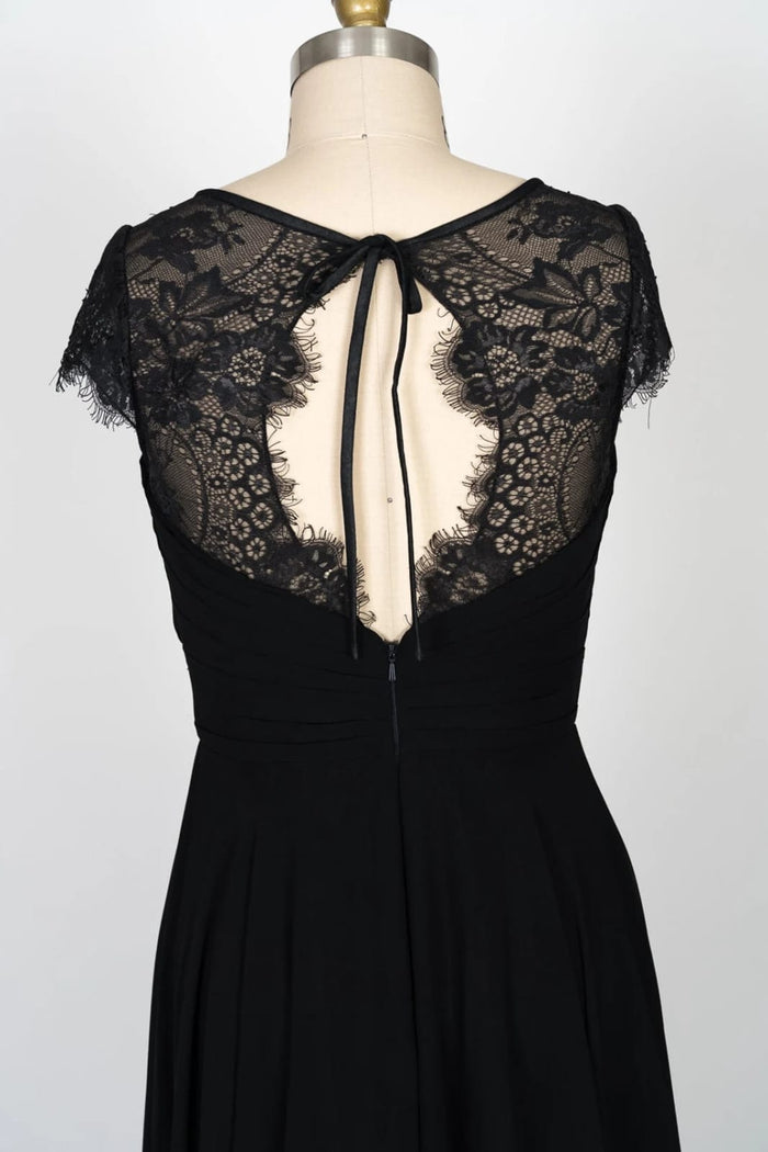 Cap Sleeve Keyhole Gathered Black Chiffon Lace Bridesmaid