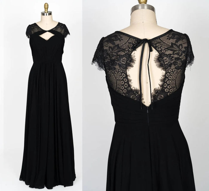 Cap Sleeve Keyhole Gathered Black Chiffon Lace Bridesmaid