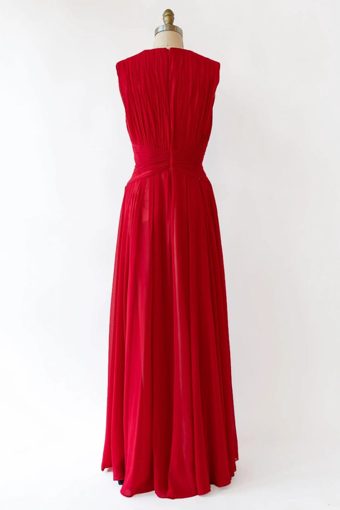 Crinkle V Neck Sleeveless Pleated Red Chiffon Long