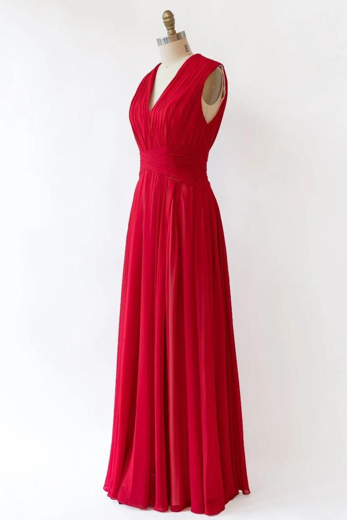 Crinkle V Neck Sleeveless Pleated Red Chiffon Long