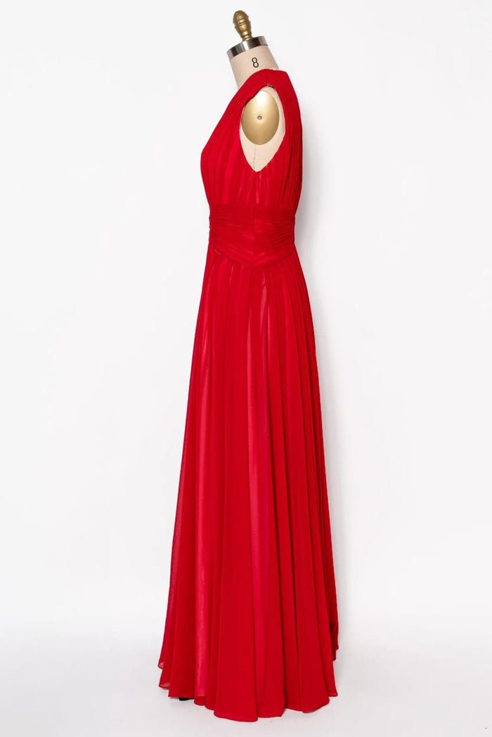 Crinkle V Neck Sleeveless Pleated Red Chiffon Long