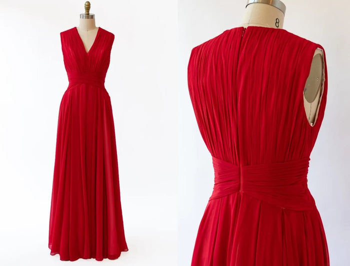 Crinkle V Neck Sleeveless Pleated Red Chiffon Long