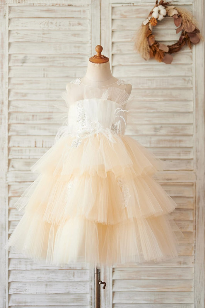 Champagne Cupcake Tulle Beaded Lace Wedding Flower Girl