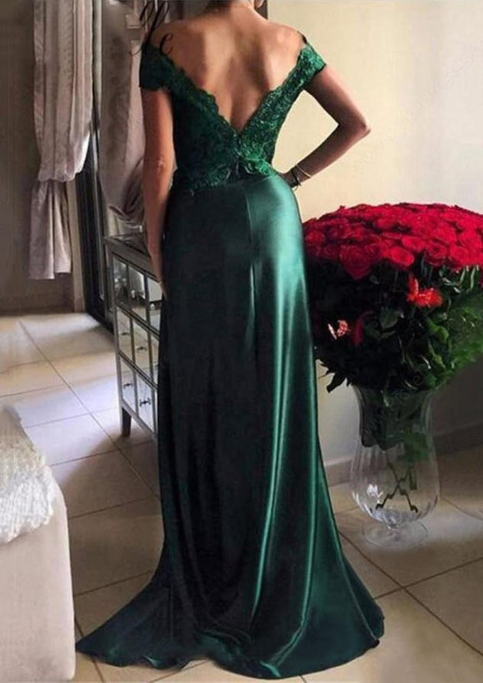 Sheath/Column Off Shoulder V-neck Split Lace Charmeuse Long