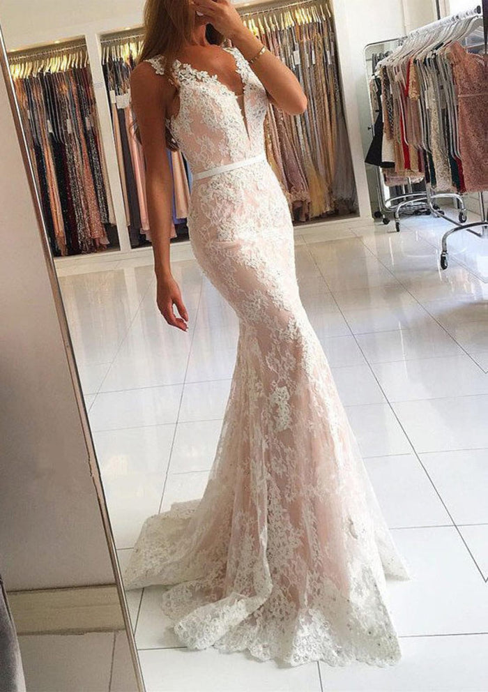Sleeveless Plunge White Lace Overlay Mermaid Prom Evening