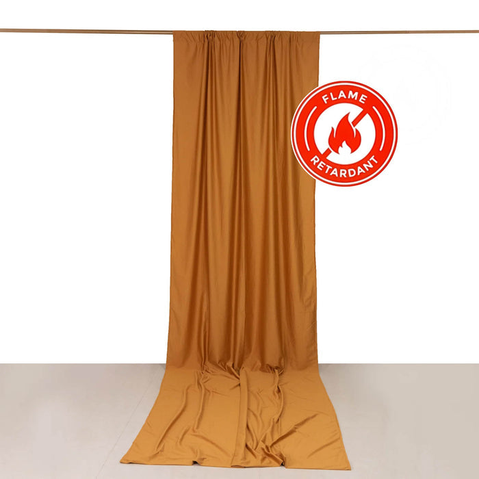 Flame retardant curtain in warm brown color, draping elegantly.