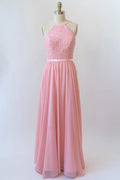 Halter Sleeveless Lace Chiffon Cut-out Long Pink Bridesmaid