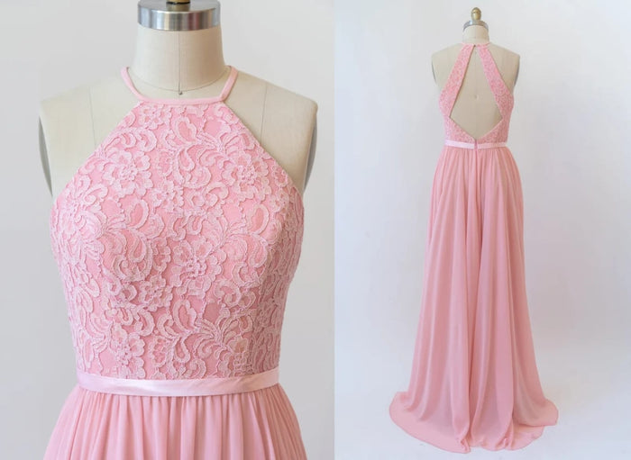 Halter Sleeveless Lace Chiffon Cut-out Long Pink Bridesmaid