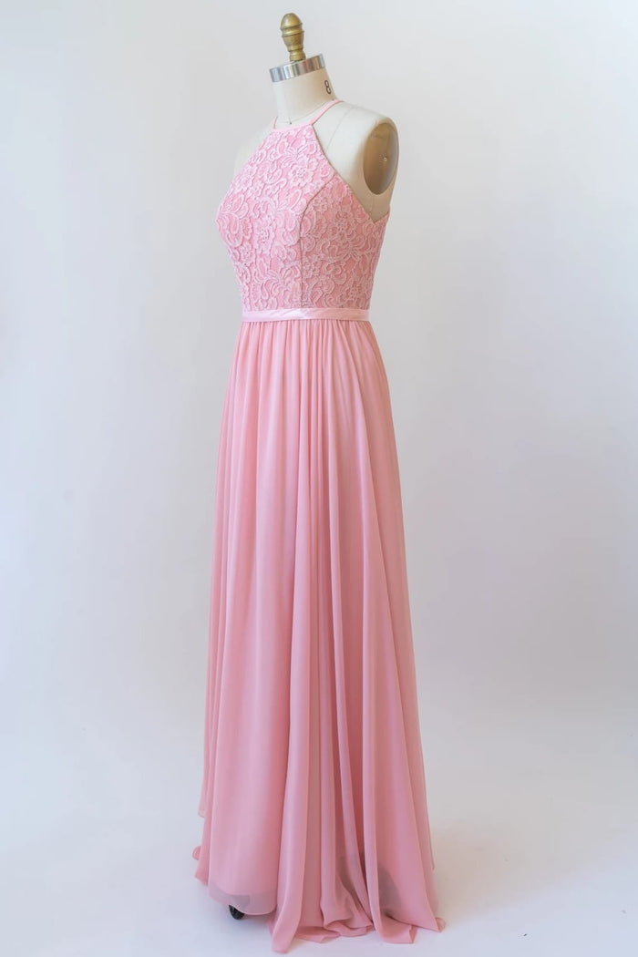 Halter Sleeveless Lace Chiffon Cut-out Long Pink Bridesmaid