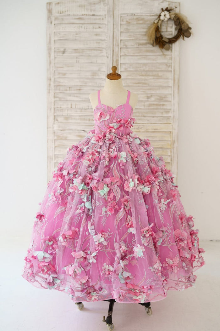 Hot Pink 3D Flower Spaghetti Straps Wedding Flower Girl