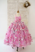 Hot Pink 3D Flower Spaghetti Straps Wedding Flower Girl