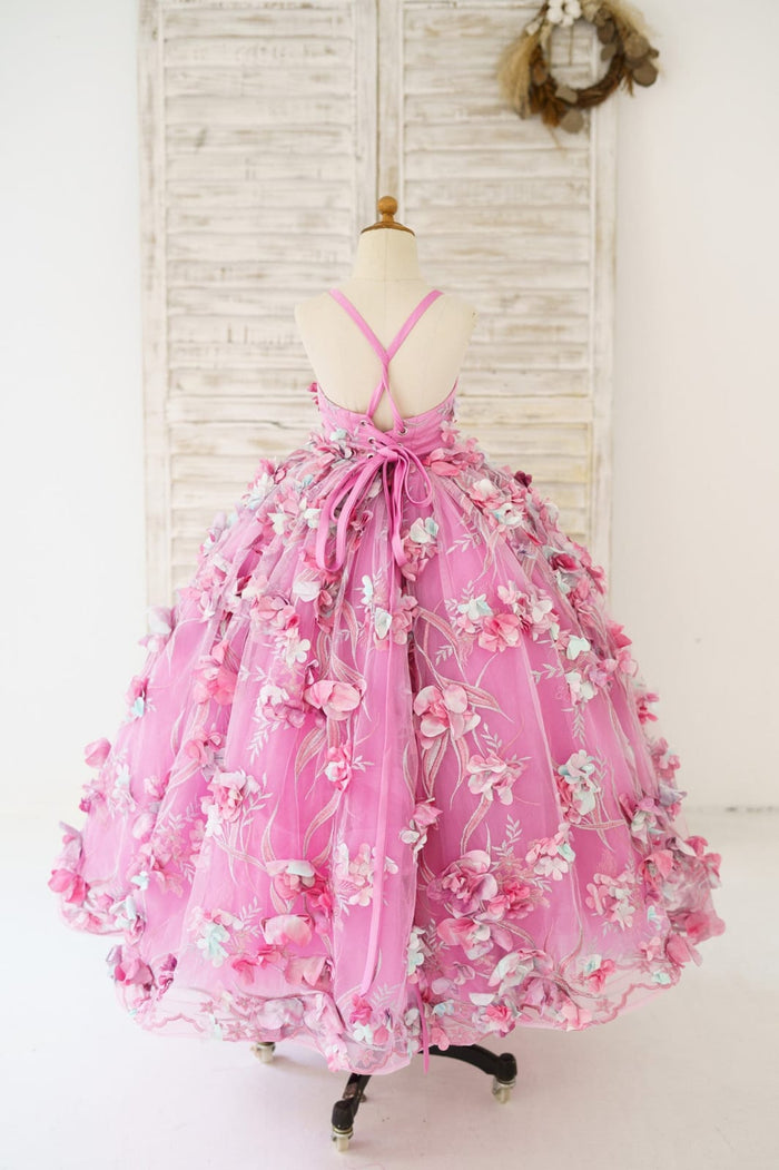 Hot Pink 3D Flower Spaghetti Straps Wedding Flower Girl