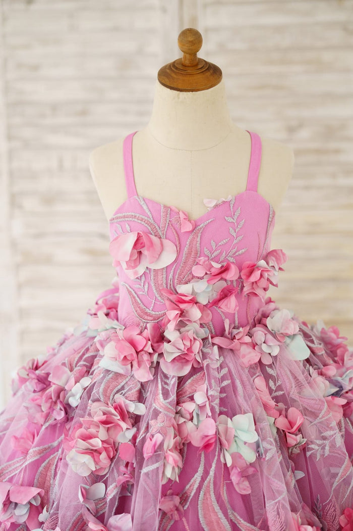 Hot Pink 3D Flower Spaghetti Straps Wedding Flower Girl
