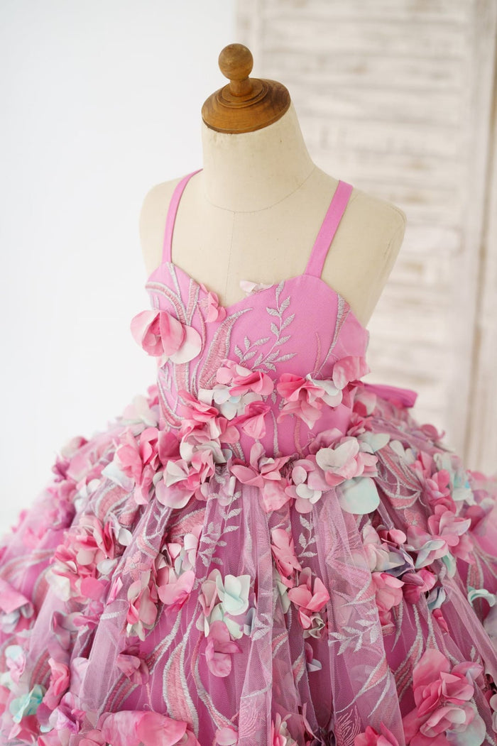 Hot Pink 3D Flower Spaghetti Straps Wedding Flower Girl