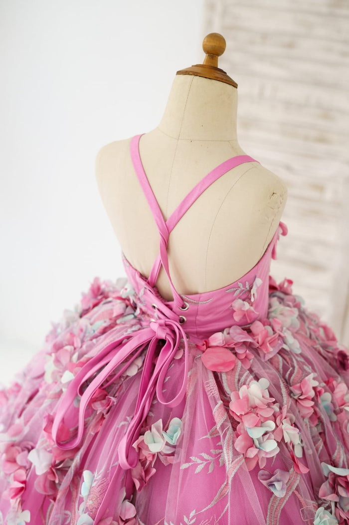 Hot Pink 3D Flower Spaghetti Straps Wedding Flower Girl
